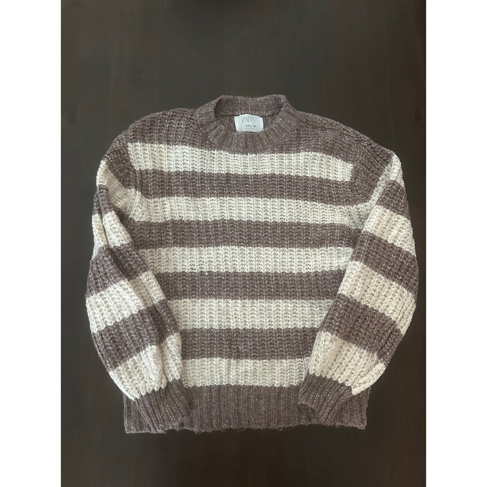 Zara Kids Striped Chenille Sweater Brown Cream Waffle Knit Size 9-10 140